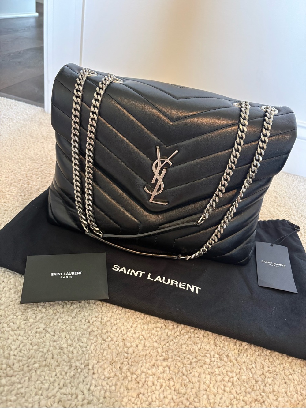 Saint Laurent Medium LouLou Matalassé Black Leather Bag with silver hardware